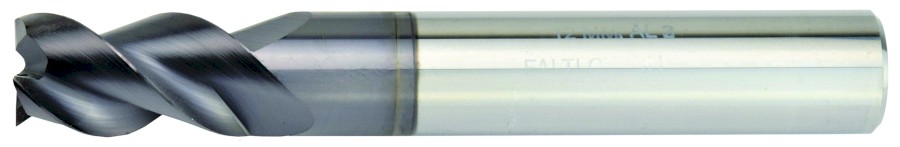 Karbidová monolitní fréza 4 mm. Na hliník . 3 břitá, drážka 45°, dlouhá, zub přes střed, rohová fazetka, stopka h6, DIN6527, AlTiN,  AL3